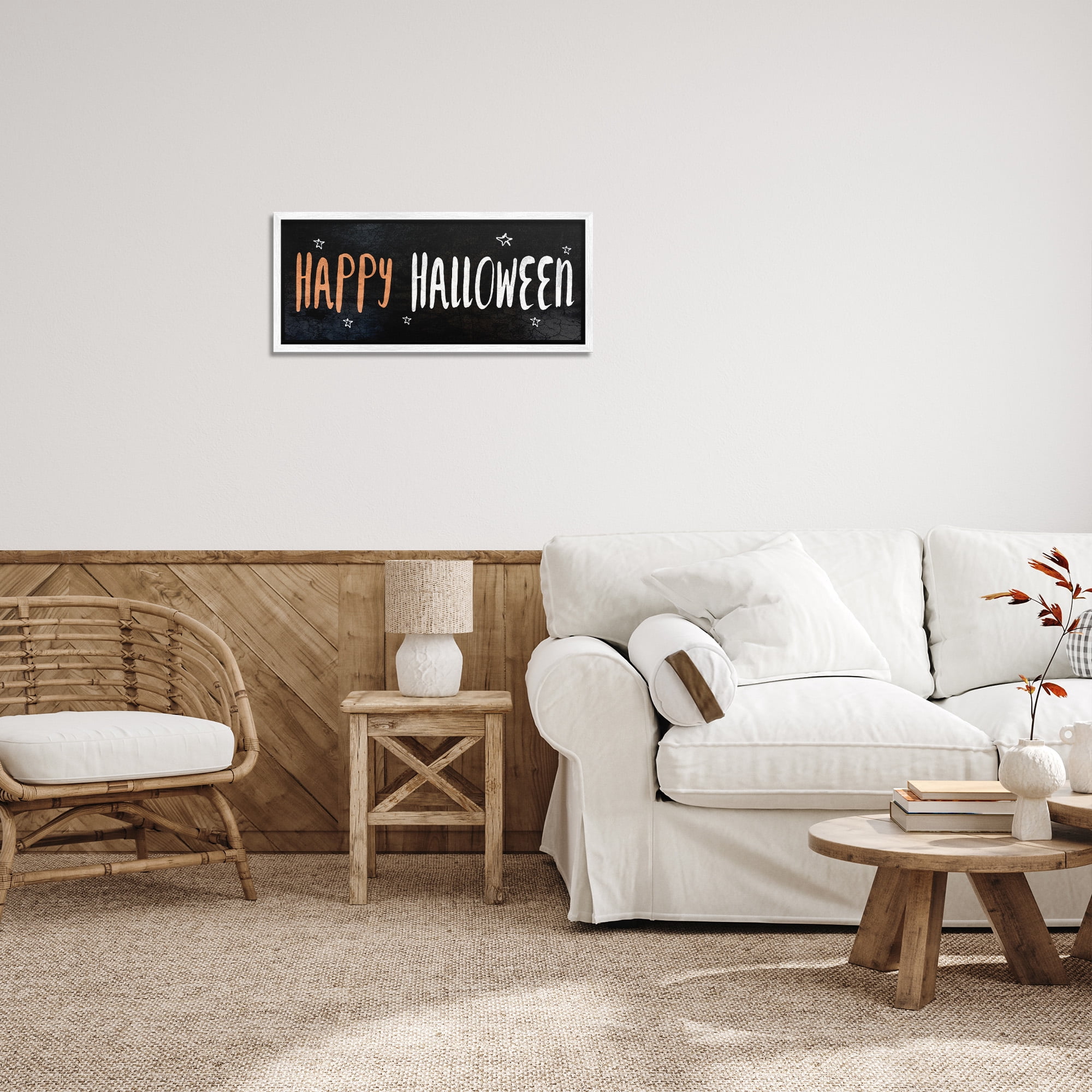 Stupell Industries Happy Halloween Spooky Stars Holiday Painting White Framed Art Print Wall Art, 24 x 10