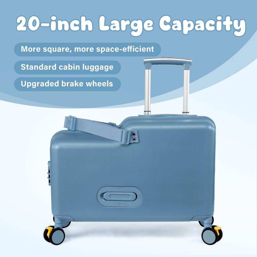 Kids Ride on Suitcase 20 Inch, Childrens Travel Carrier Cabin Case with Foot Pedal Spinner Wheels and Safe Harness Stroller for Boy Girl Travel(Blue)