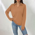 thumbnail image 2 of Holzkary Women's V Neck Polo Shirts Long Sleeve Collared Dressy Tops Loose Casual Tunic Business Work Blouses Long Sleeved and Fashionable Solid Color Lapel Loose Pocket T Shirt Brown S, 2 of 5