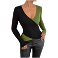 thumbnail image 1 of ShomPort Women's Fall Winter Wrap Sweater V-Neck Color Block Long Sleeve Soft Blouses Knitted Ribbed Going Out Trendy Tees Tops, 1 of 6