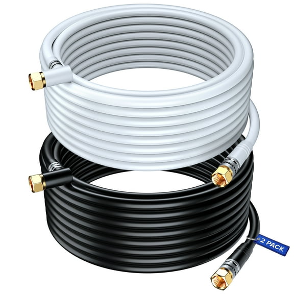 Coaxial Cable RG6, with a Right Angle 90° Connector, 50 ft, Coax Cable F-Type Triple Shielded Coax Cable, 2 Pack, Black and White