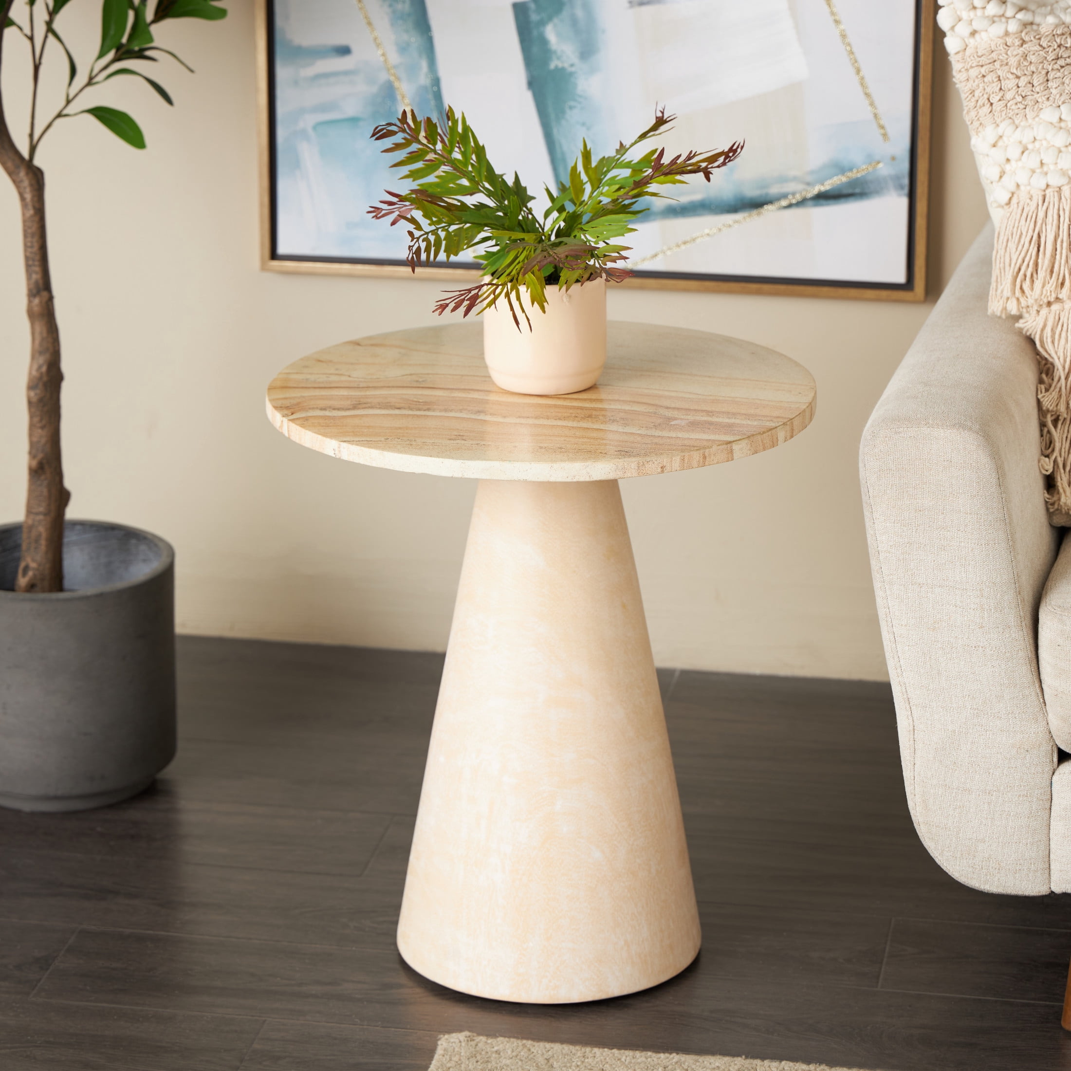 DecMode 20" x 22" Cream Suar Wood Handmade Cone Accent Table with Beige Marble Tabletop, 1-Piece