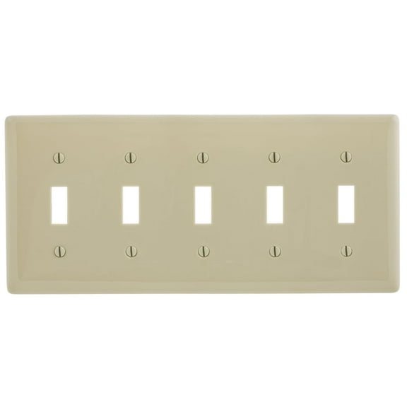 Hubbell NP5I 5-Gang Toggle Switch Wall Plate, Unbreakable Nylon, Standard Size, Ivory