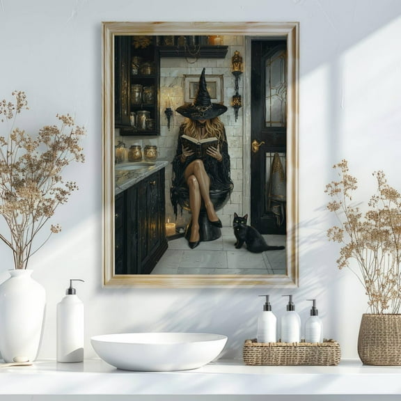 Witch Reading Book in Bathroom Poster Wall Decor Witch and Black Cat Canvas Art Prints Painting Picture Artwork Home Halloween Decoration No Frame