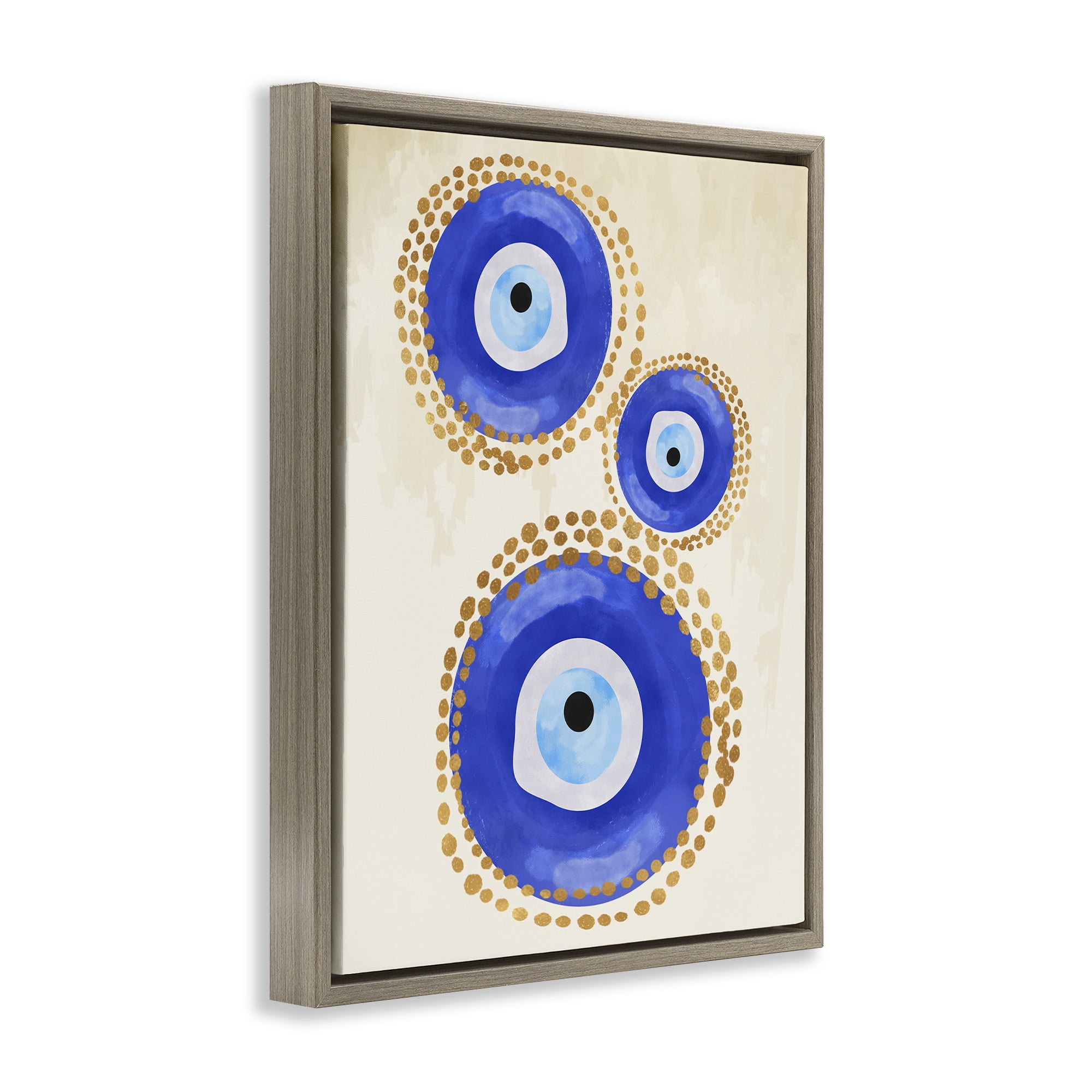 Stupell Industries Round Blue Evil Eye Pattern Abstract Painting Brown Floater Framed Canvas Art Print Wall Art, 17 x 21