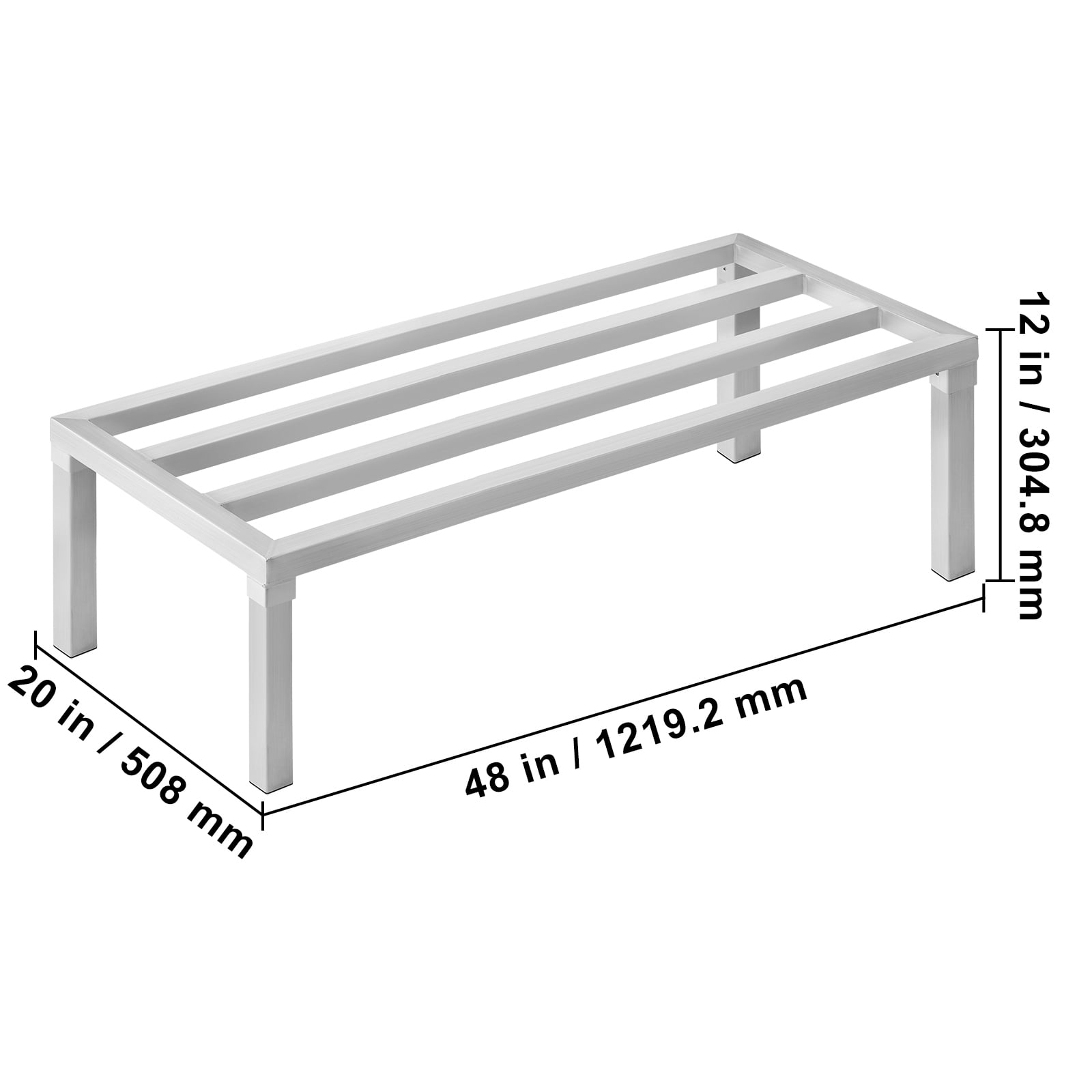KFFKFF Aluminum Storage Stand, 48” x 20” Industrial-Grade Food Elevation Rack, Elevated 12” for Optimal Storage, Supports up to 1800 lbs, Ideal for Restaurants, Kitchens, Garages, and Transport Use