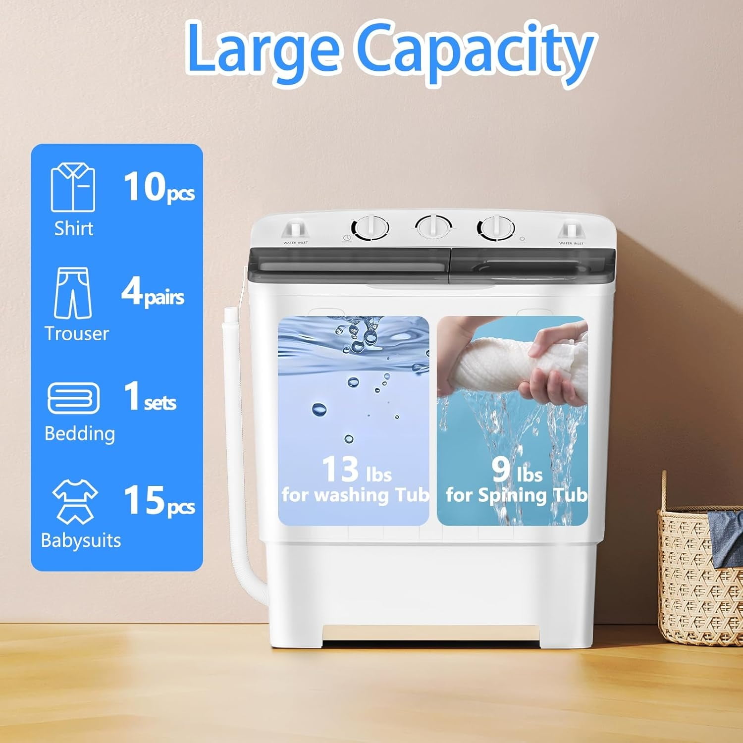 Dimedeal 22lbs Portable Washer Twin Tub Compact with Drain Pump, Semi-Automatic Washer Spinner Combo