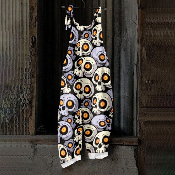 EANJE Halloween Jumpsuits for Women Wide Leg Scary Gothic Skull Floral Graphic Overalls Sleeveless Womens Romper Straps Jumpsuit Loose Bib Overalls Fall Clothes Dark Gray 3XL