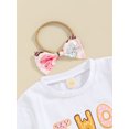 thumbnail image 6 of FEORJGP Toddler Baby Girl Summer Outfits 1-4Y Short Sleeve T-Shirt Crew Neck Shirt Cartoon Letter Print Tops + Doughnut Print Flare Pants + Headband Set Loose Casual 3Pcs Clothes, 6 of 9
