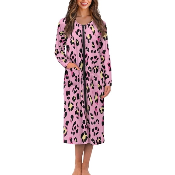 Whosucclay Pink Leopard Print Zipper Front Robes for Women Casual House Coat Long Sleeve Loungewear Women Zipper Robe Comfortable Long Nightgown with Pockets, S