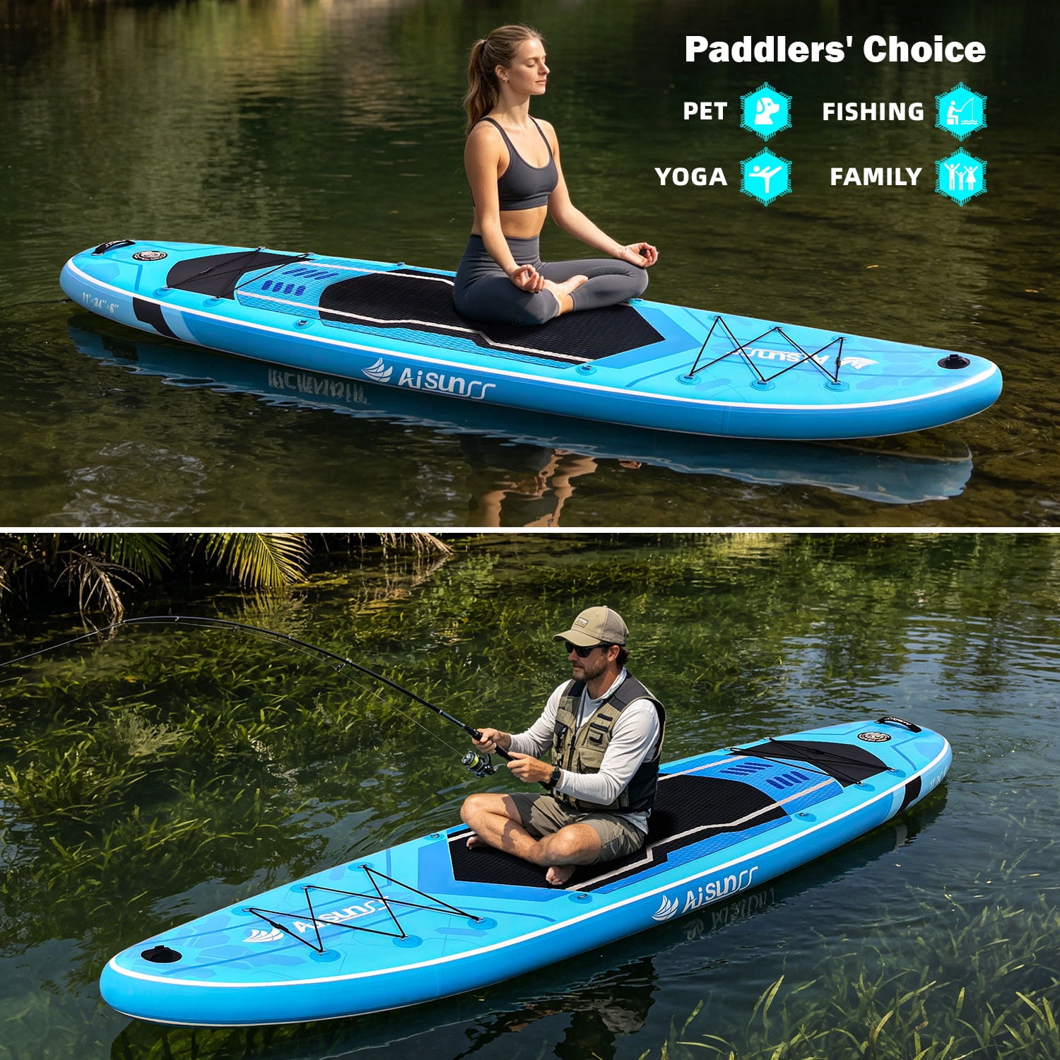AISUNSS 11′ Inflatable Fishing Stand Up Paddle Board, 6″ Thick Deck, Complete Premium Full SUP Accessories Included