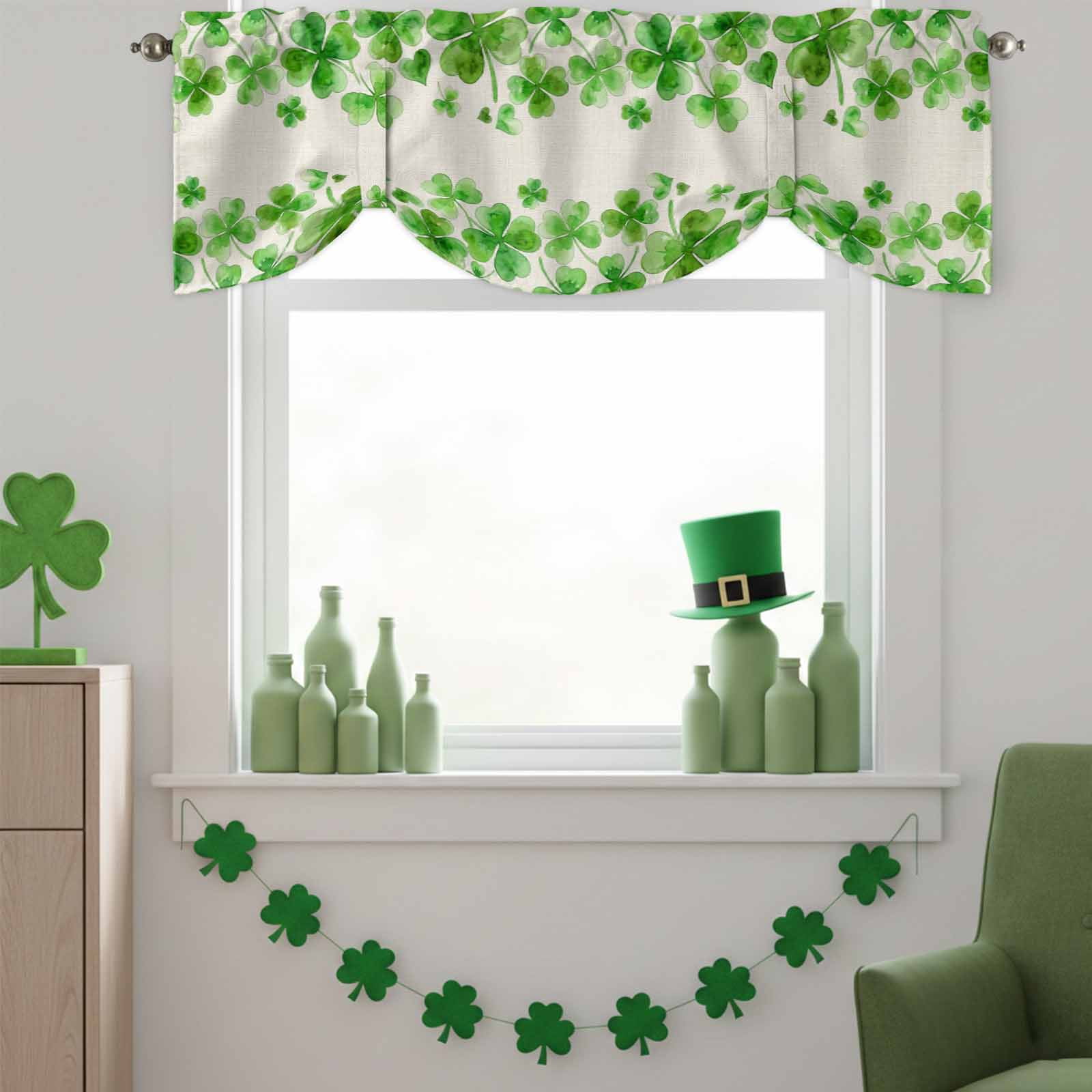 Happy St. Patrick's Day Tie Up Valances Curtain, Green Shamrock Love Art Watercolor Linen Texture Adjustable Rod Pocket Short Window Treatment Tie Up Curtains for Kitchen Living Room 60x18 In