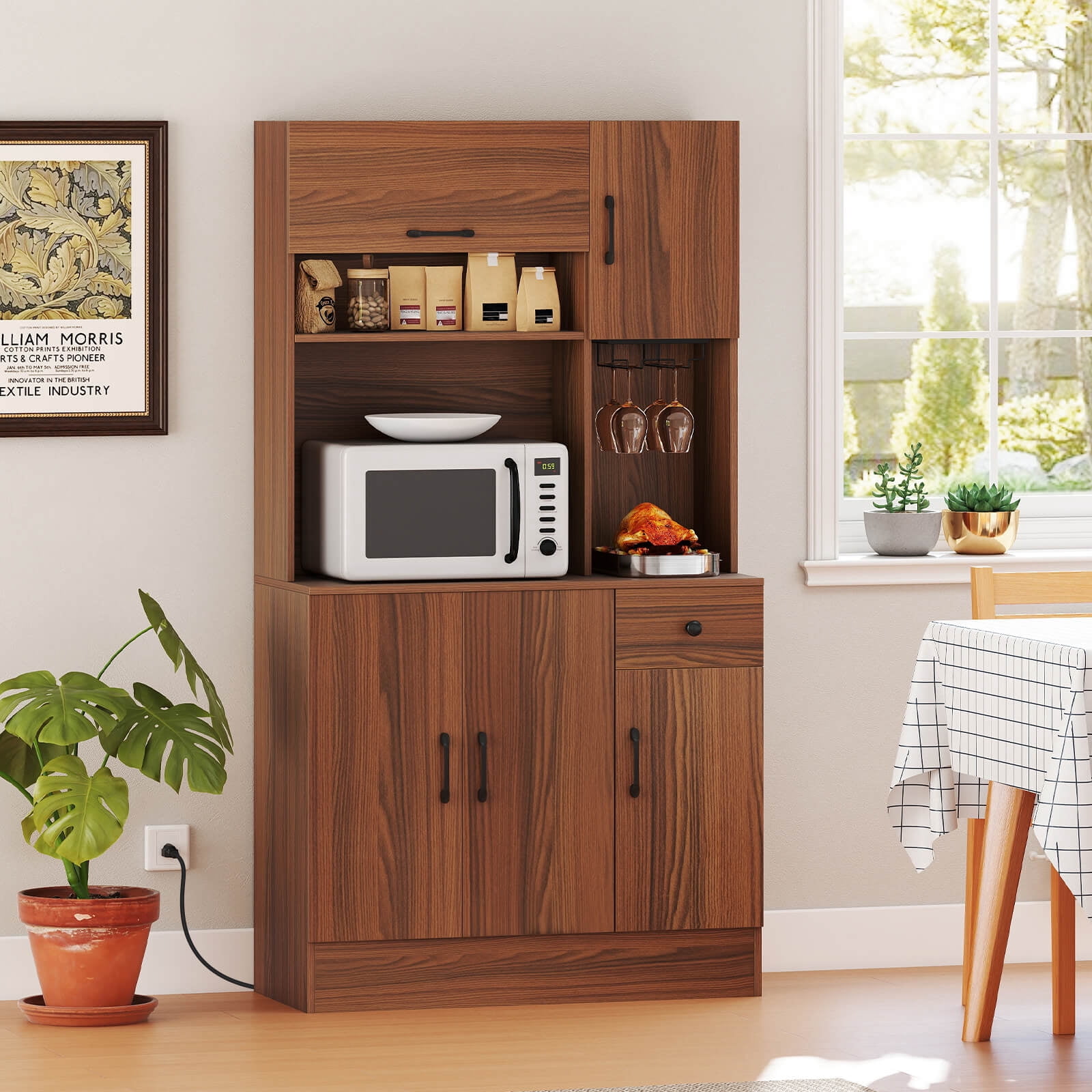 Costway 66" Pantry Cabinet Tall Kitchen Storage Cabinet with Charging Station Brown