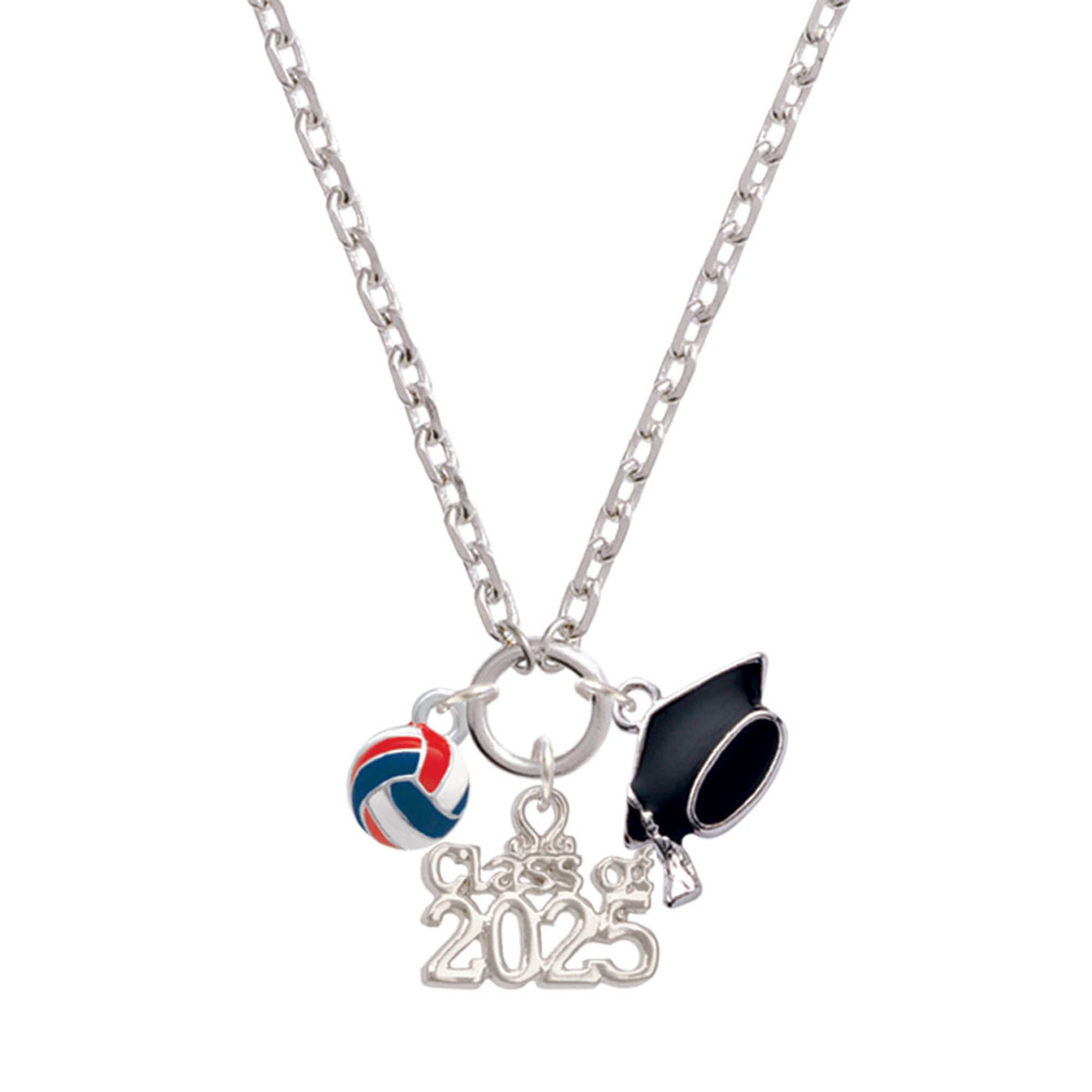 Delight Jewelry Silver-tone 3-D Red White Blue Volleyball/Water Polo - Silver-tone Class of 2025 Graduation Zoey Necklace, 28"