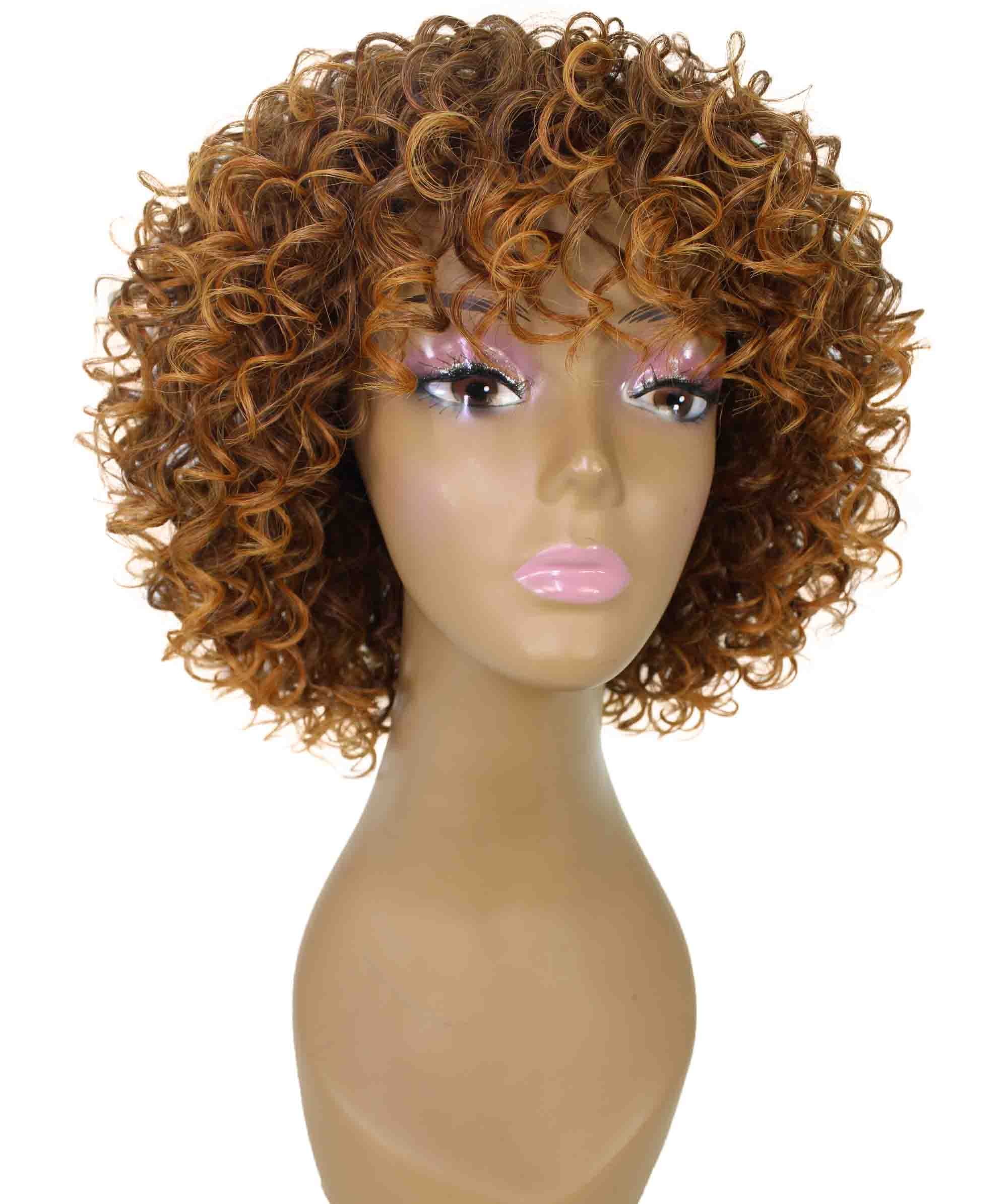 LUXLUXE Gabrielle Curly Pixie 11.5 in Long Full Wig No Lace Wig, Heat Resistant Fibers, Brown to Copper Highlights