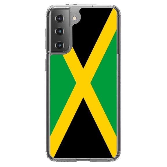 DistinctInk Clear Shockproof Hybrid Case for Galaxy S21 5G (6.2" Screen) - TPU Bumper, Acrylic Back, Tempered Glass Screen Protector - Jamaica Flag Black Green Yellow - Love of Jamaica