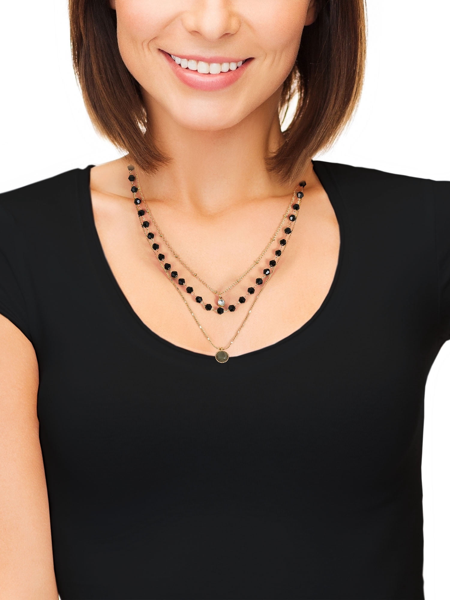 Time and Tru Women's Goldtone Layered Necklace Set, 3 Pieces, Black