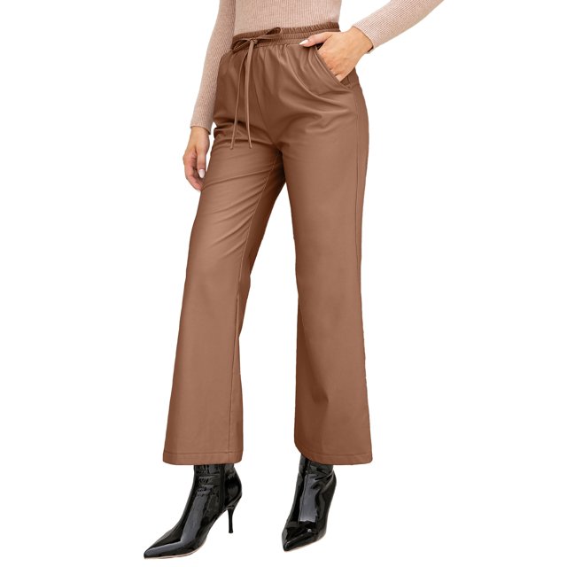 Pantalones de color liso Moda mujer PU pantalones de cuero cintura alta bolsillo con cordón pierna ancha calle pantalones casuales 1 1
