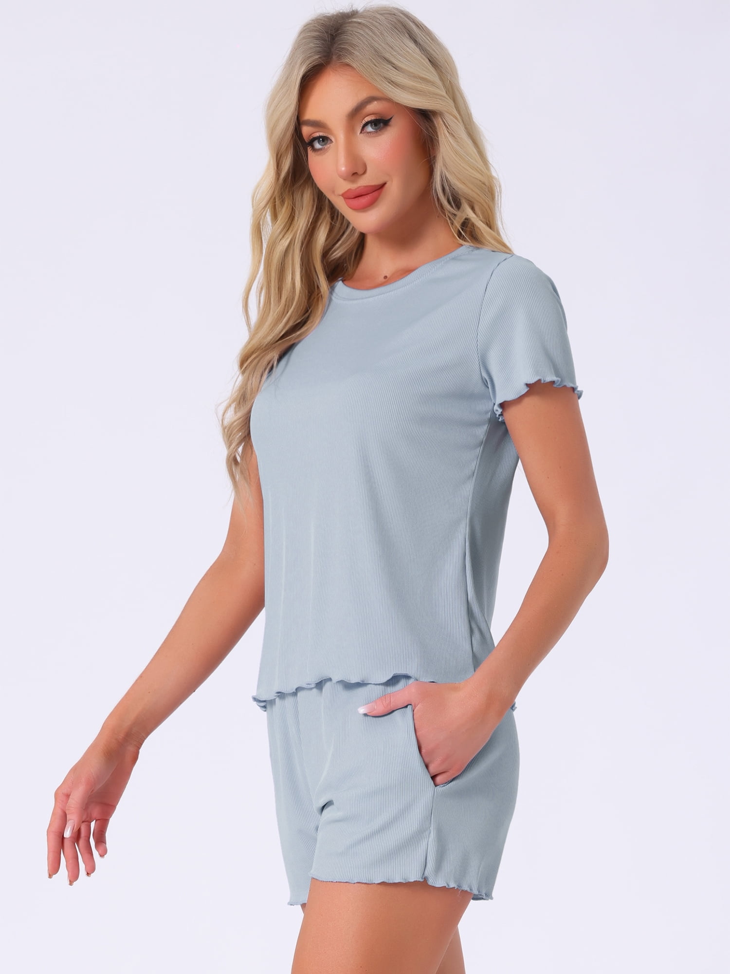 DARING DIVA Ribbed Knit Pajama Set Soft Short Sleeve Top XS Blue