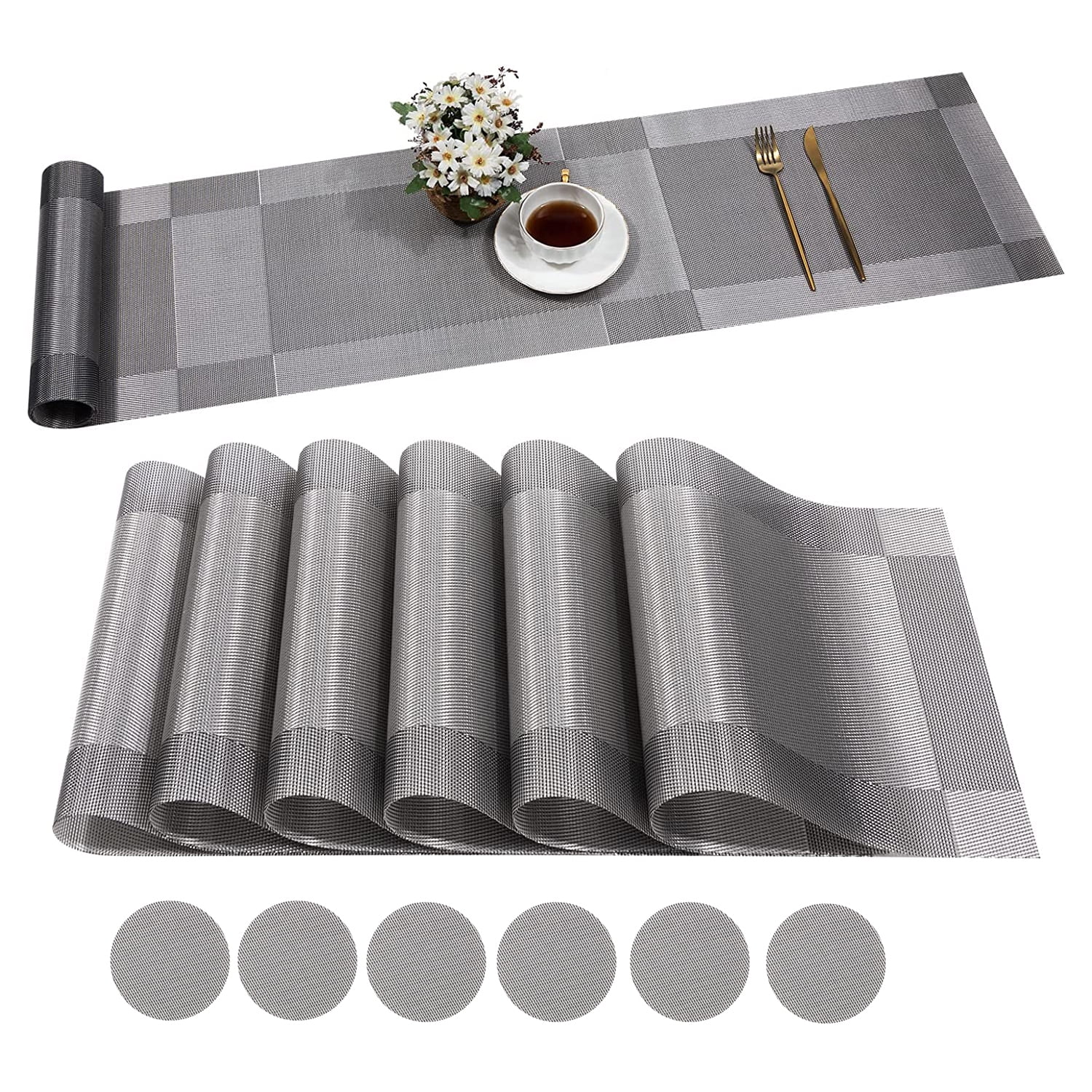 Deep Grey Famibay PVC Placemats and Coasters Set of 6 Washable Woven Vinyl Dining Table Mats and Coasters 