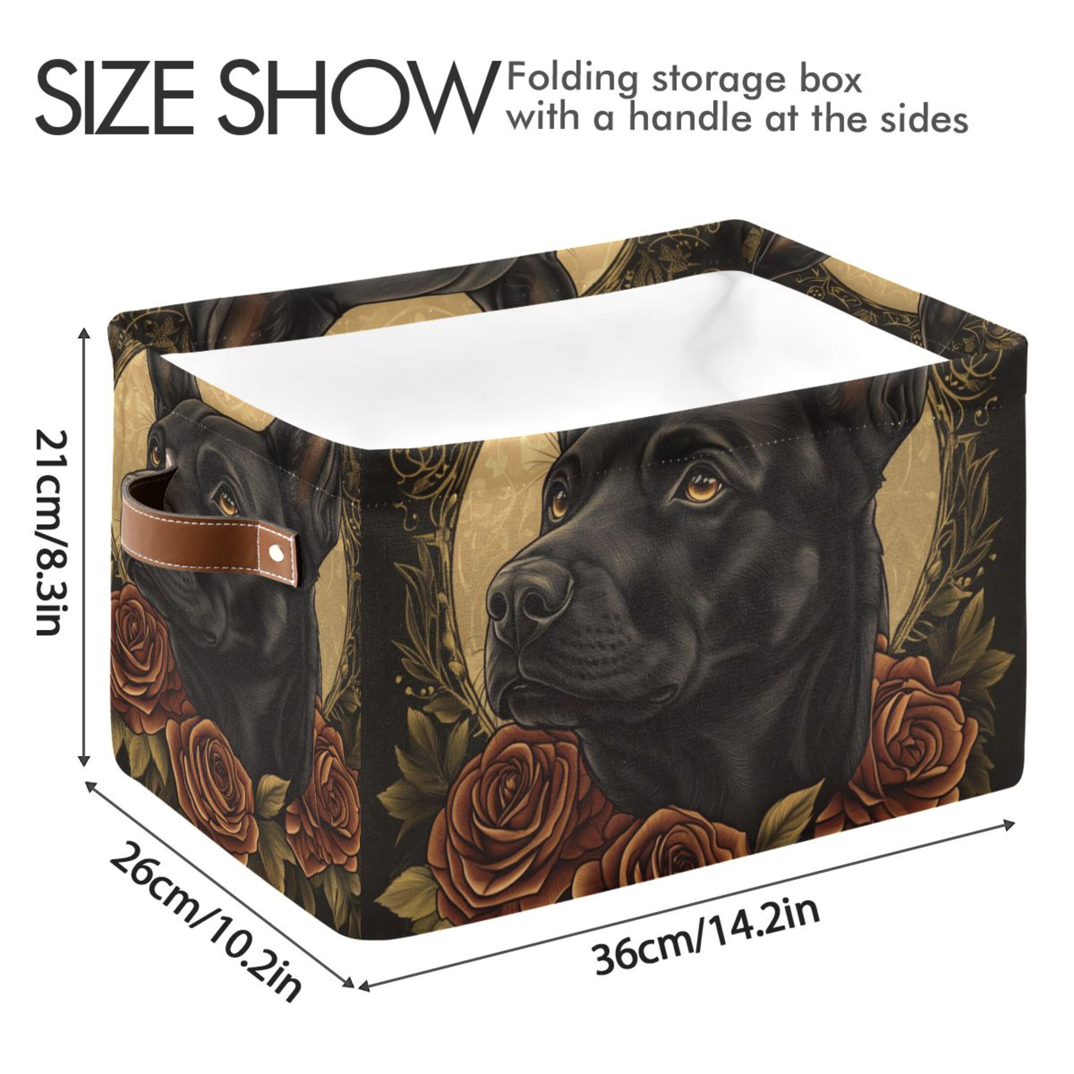 WOBOGO The Black Dog with Red Rose Square Storage Basket with Waterproof Canvas and PE Lining Durable PU Leather Handles 14.2×10.2×8.3in