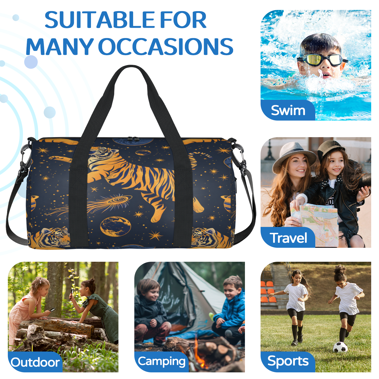 Herdesigns Tiger Gym Bag for Women, Duffle Bag for Travel Sport, Moon Star Lightweight Waterproof Carry on Weekender Dance Yoga Workout Bags