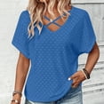 thumbnail image 4 of Penkiiy Womens Summer Eyelet Tops Trendy Criss Cross V Neck Solid Color Shirts Casual Short Sleeve Soft Elegant Tees Tunics 2XL Blue, 4 of 8