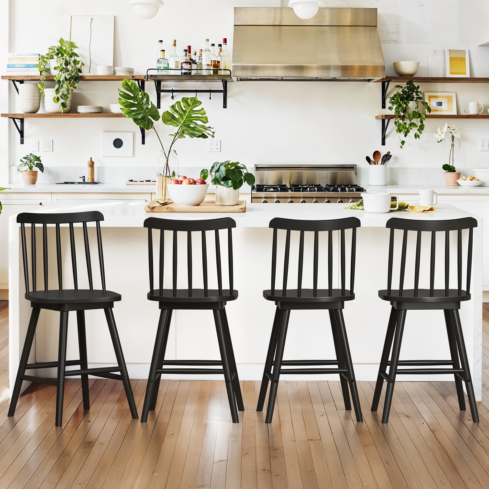 Dycanpo 24'' Swivel Wooden Bar Stools Set of 4,Counter Height Bar Stools with Backrest for Kitchen,Black