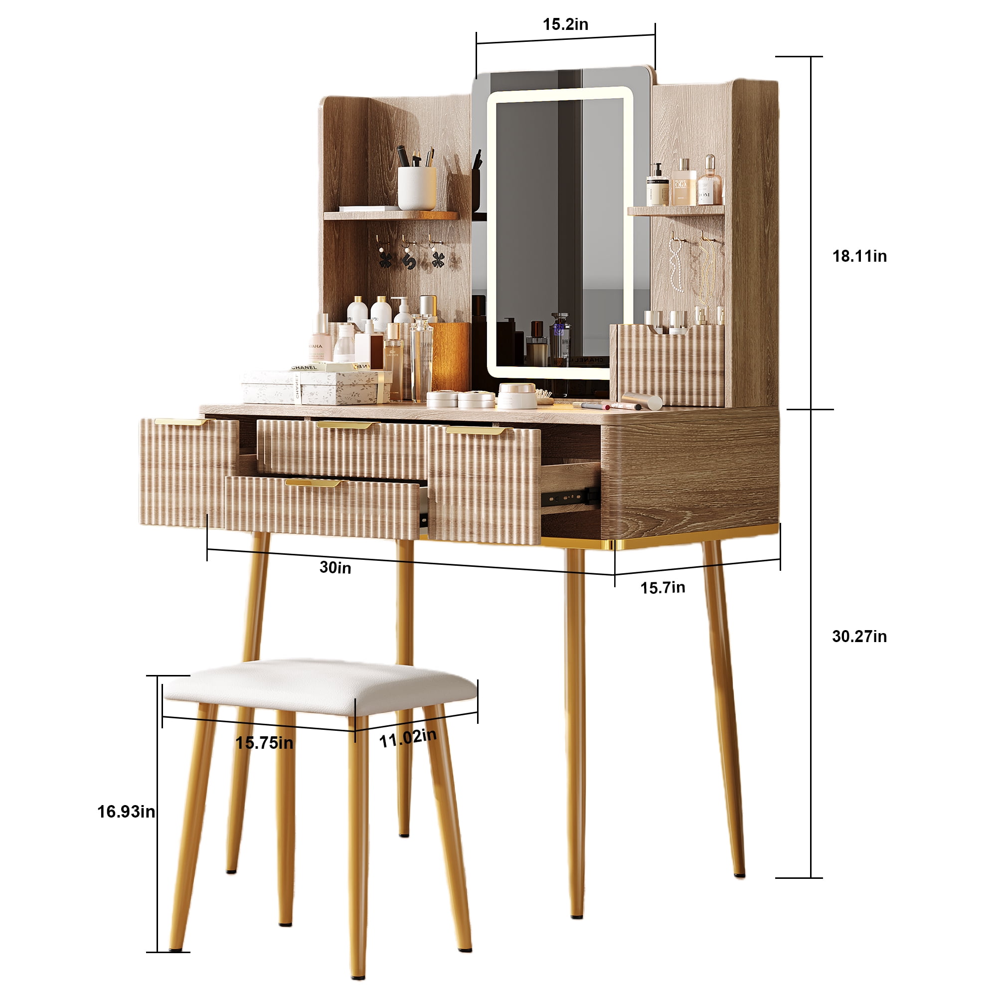 4-Drawer Vanity Desk with LED Mirror and Stool, Fluted Makeup Table with Metal Legs, Yellow Brown