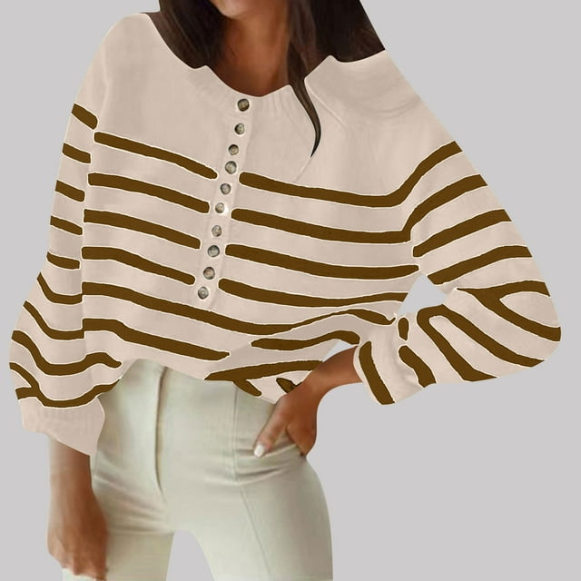 Ailaofu Striped Sweater for Women Button Down Crewneck Long Sleeve Ribbed Knit Sweaters Loose Soft Lightweight Pullover