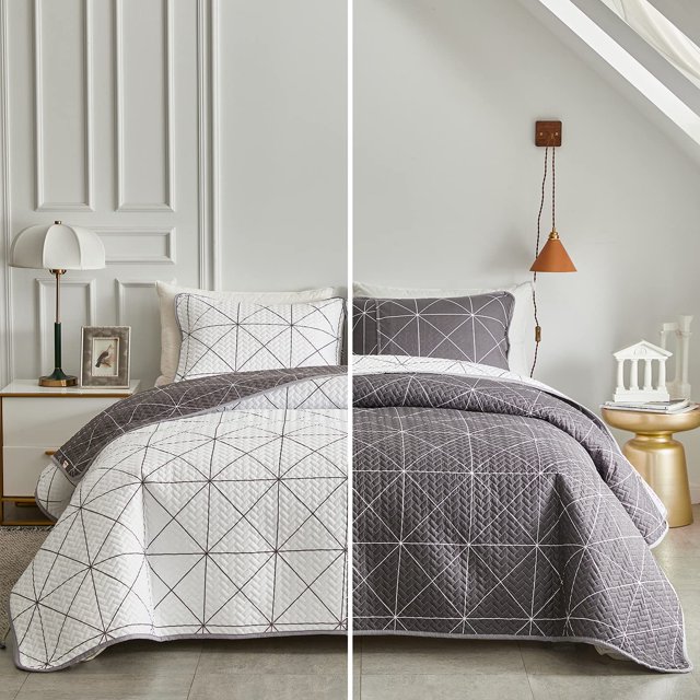 Juego de edredón UOZZI BEDDING reversible a cuadros blancos y grises Queen