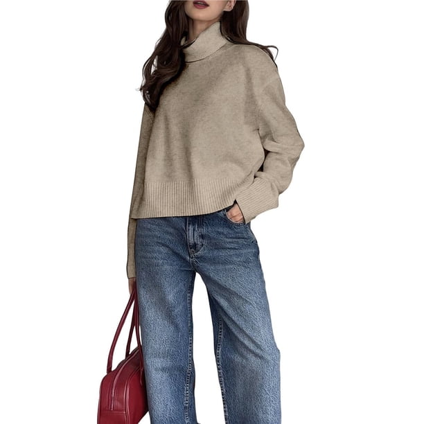 Suéter de Cuello Alto para Mujer, Jersey de Punto Grueso de Larga, Jersey Básico de Moda para Otoño e Invierno. Caqui L