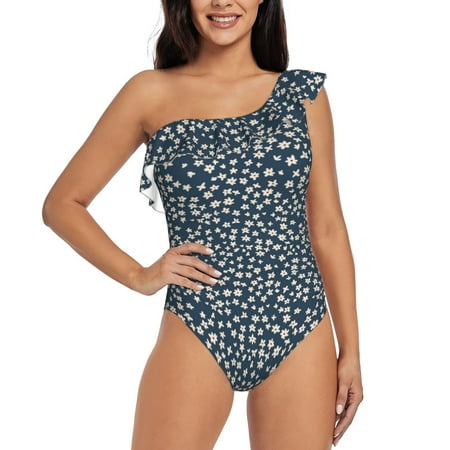 Cauagu Small White Flowers Print Women s Sexy One Piece Swimsuits One Shoulder Ruffle Tummy Control Bathing Suit Slimming Swimwear-Medium