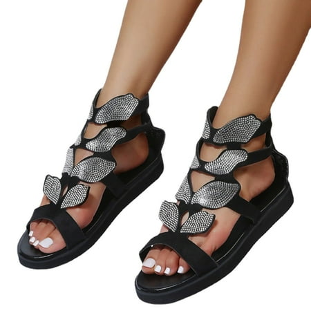 

Women Shoes Flats Shoes Women Sandals Comfort With Elastic Ankle Strap Casual Bohemian Beach Shoes Rhinestone Sandals Women Flats Open Toe Black 8.5