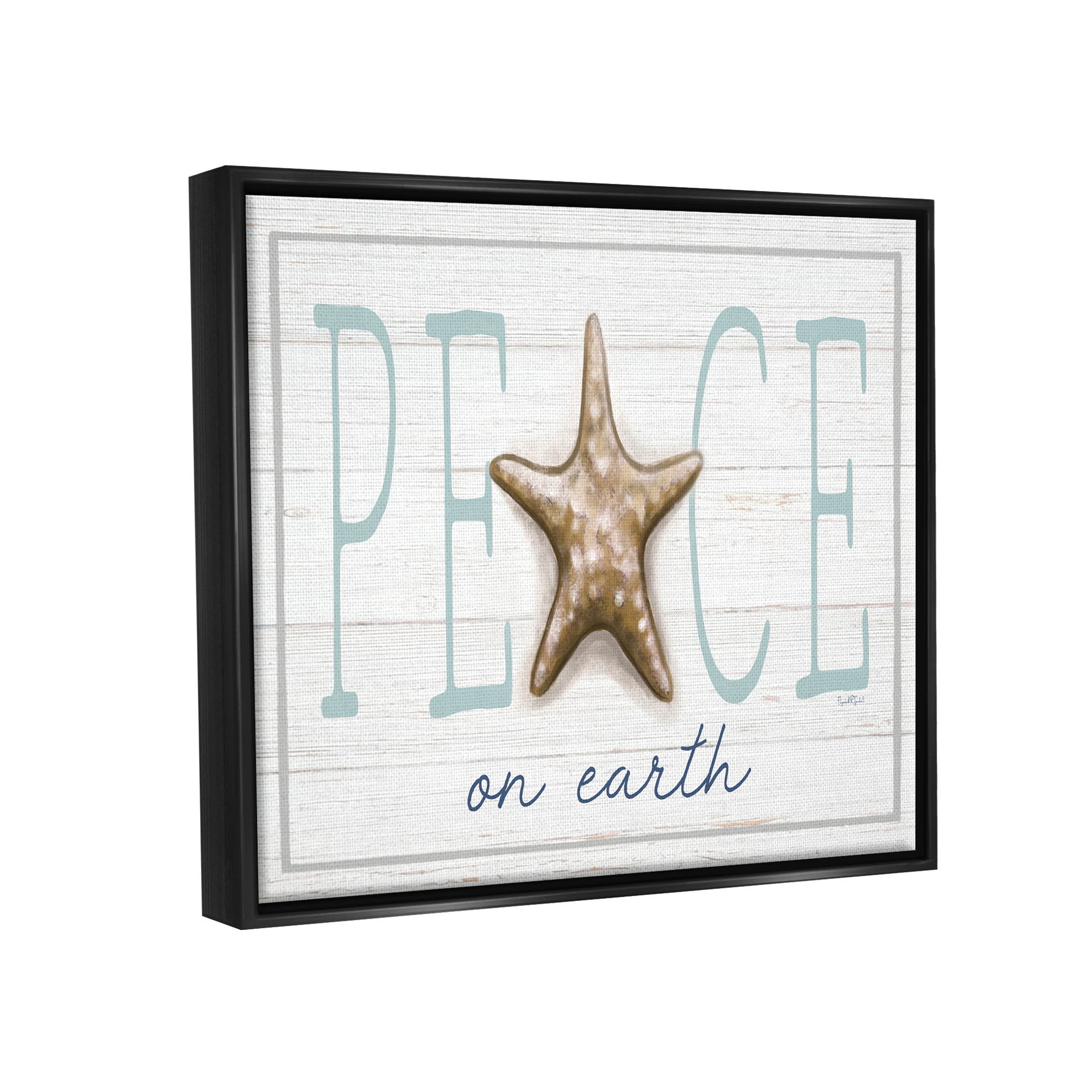 Stupell Industries Peace On Earth Starfish Sign Graphic Art Jet Black Floating Framed Canvas Print Wall Art, Design by Elizabeth Tyndall