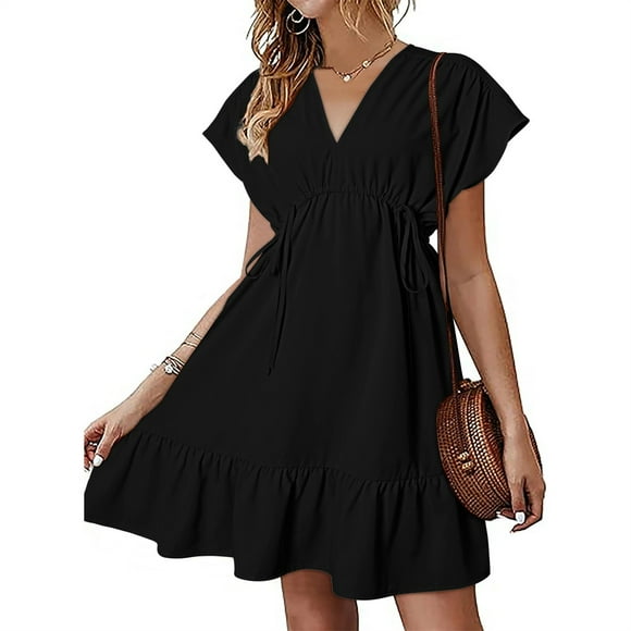 Pisexur Women's Midi Dress 2024 Short Sleeve V-Neck Summer Dress Drawstring Casual Ruffle A-Line Mini Dress