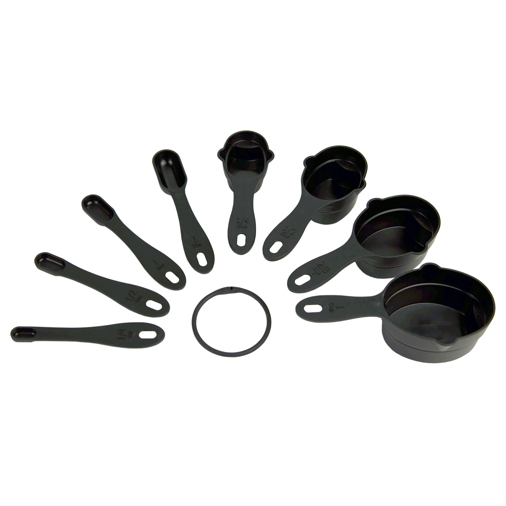 Plastic Measuring Cups And Spoons (11 Pcs, Black) With Butterfly Shape  Holder (2646)