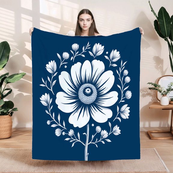 Durable Soft Flannel Blanket - Cozy Floral Design with Central Flower & Circular Pattern Perfect for Sofa Travel Bed & Chair