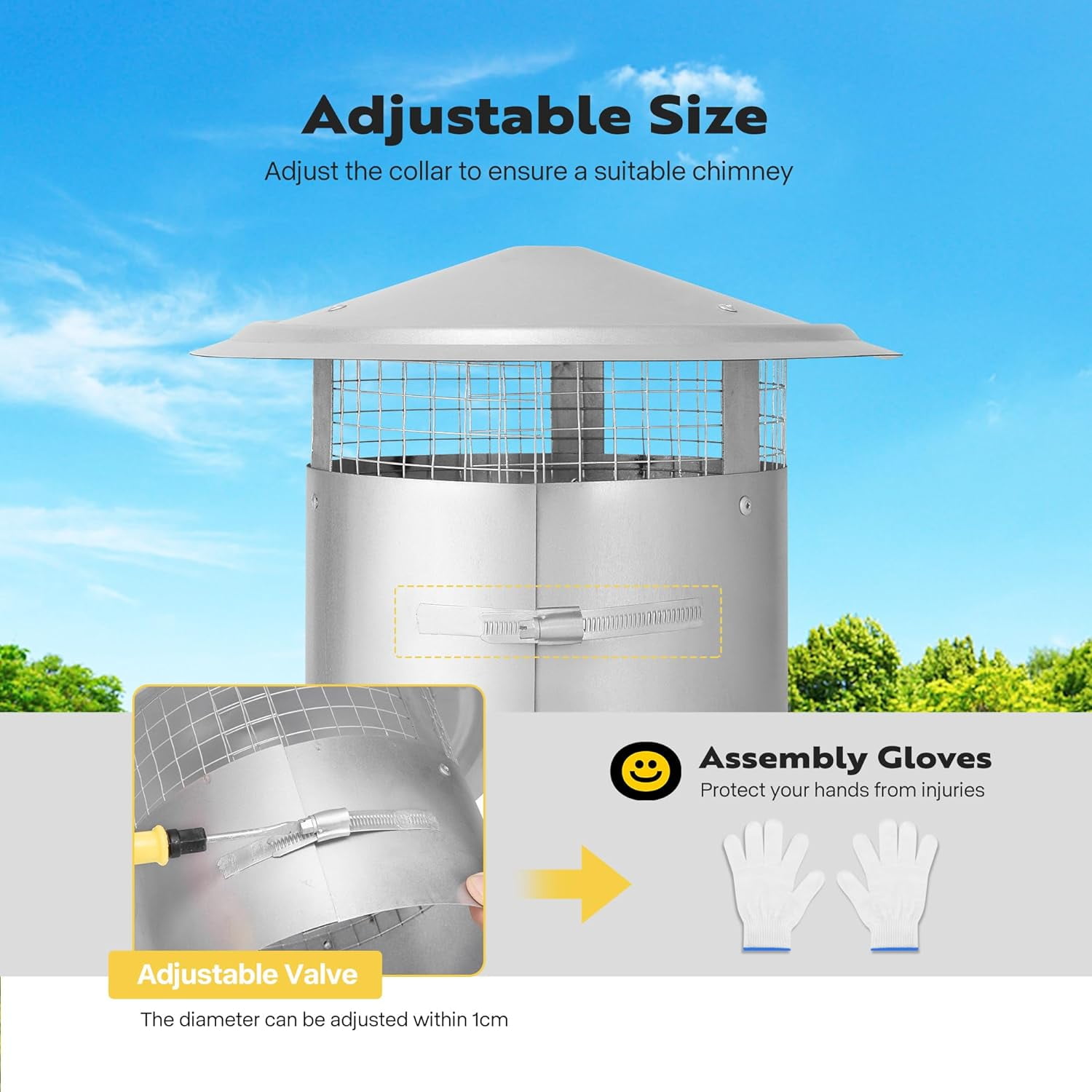 SPECSTAR 8" Cone Top Chimney Cap with Screen, Round Roof Rain Chimney Cover, Stainless Steel Fireplace Exhaust Cap, Adjustable Roof Cap for Vent