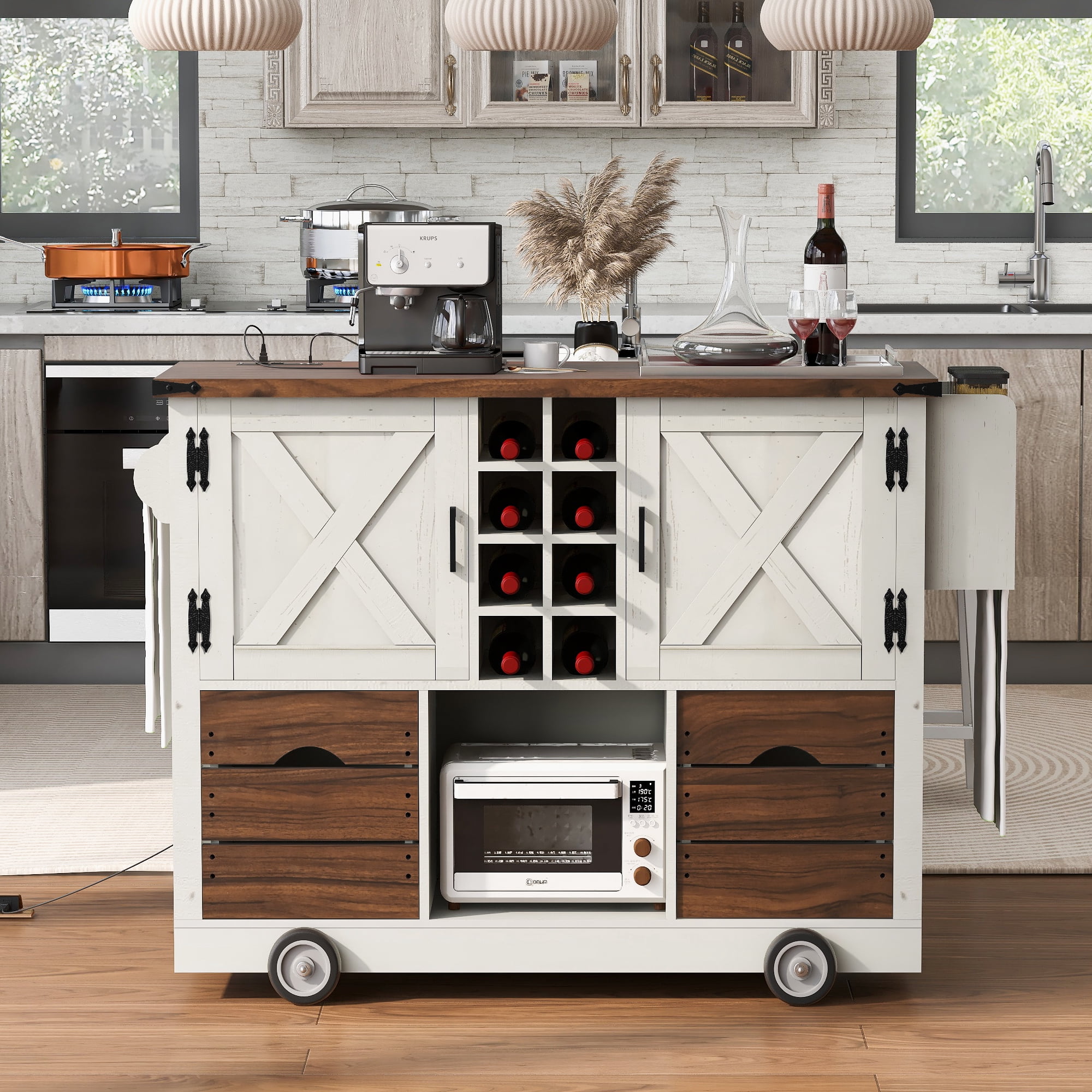 Euroco 54" Farmhouse Kitchen Island with Drop Leaf, Power Outlet, Kitchen Storage Cart with 2 Doors, 2 Drawers, Rolling Kitchen Island on 4 Large Wheels with Spice Rack