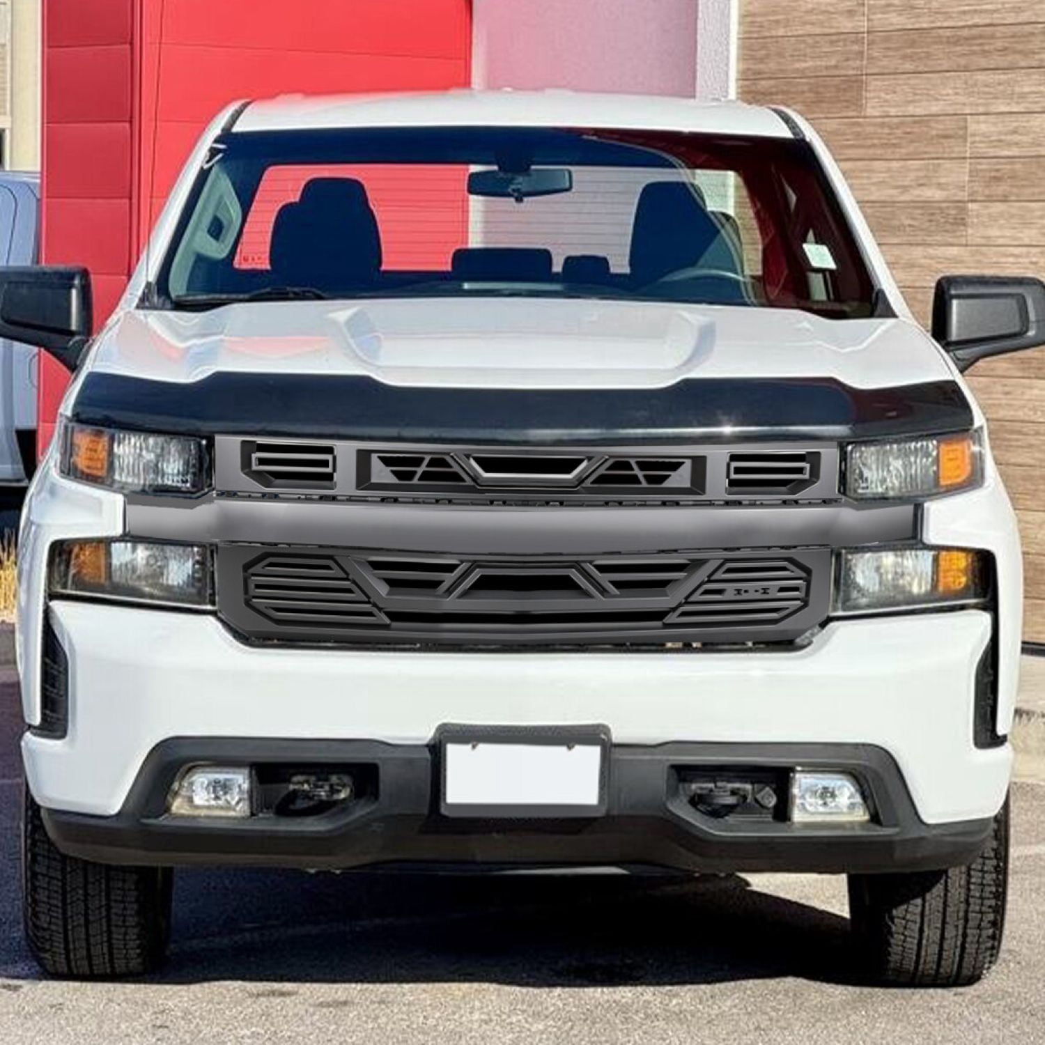 AMERICAN MODIFIED Front Armor Grille W/Emblem HolderMatte Black For 2019-2021 Chevy Silverado 1500 WT Custom