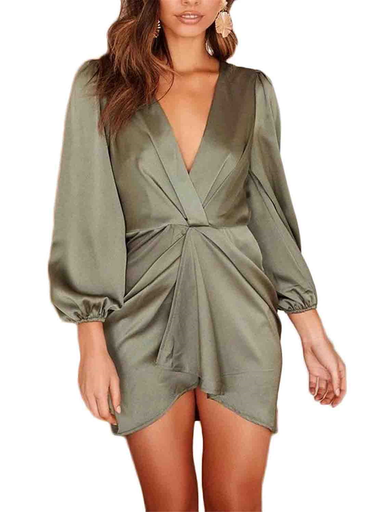 Ladies Long Sleeve Crimp Metallic Look Wrap V Neck Plunge Bodycon Mini Dress 