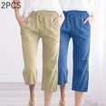 thumbnail image 3 of dazeni 2 Pack Capris Pants for Women Cotton Linen Casual Straight Wide Leg Pants Loose Drawstring Elastic Waist Cropped Trouser with Pockets, 3 of 5
