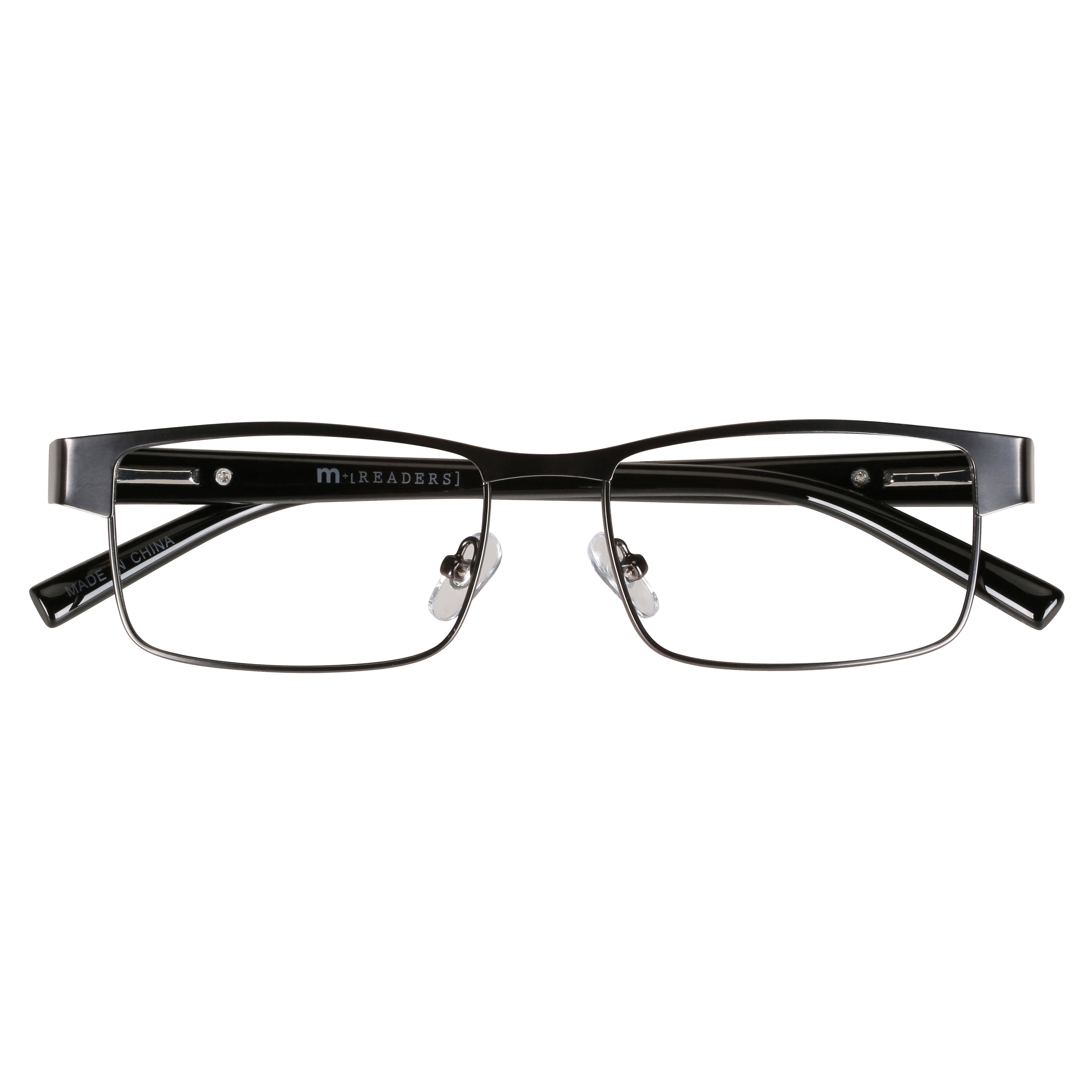 M+ Mens Rectangular Flat Metal Reading Glasses Gun 1.50 Birch in Gunmetal with Classic Black Temples