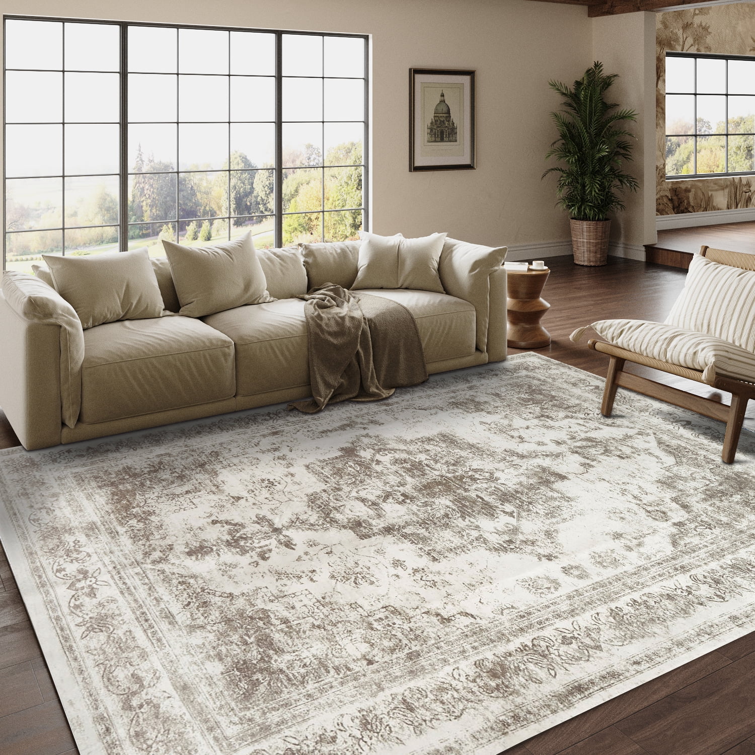 BERTHMEER 8'x10' Washable Area Rugs for Living Room Brown Rugs Bedroom Dining Room Office Farmhouse indoor Distressed Vintage Rugs Traditional Retro Throw Rugs, Non-slip