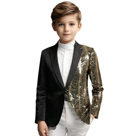 BOOMNY Children Prom Party Suit Solid Color Fashion Sequin Slim Fit Long Sleeve Youth Lapel Casual Coat Versatile Toddler Dailywear