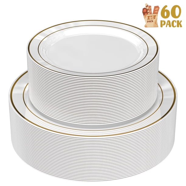 GPED Paquete de 60 Platos de Plástico Dorados, Platos Desechables Resistentes para Fiestas con 30 Platos de Cena de 10.25" y 30 Platos de Postre de 7.5", Platos Desechables para Fiesta de Año Nuevo/b