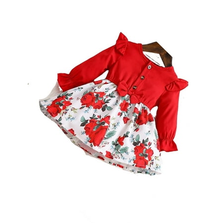 

Cute Floral Print Round Neck A Line Long Sleeve Red and White Baby Dresses (Baby s)