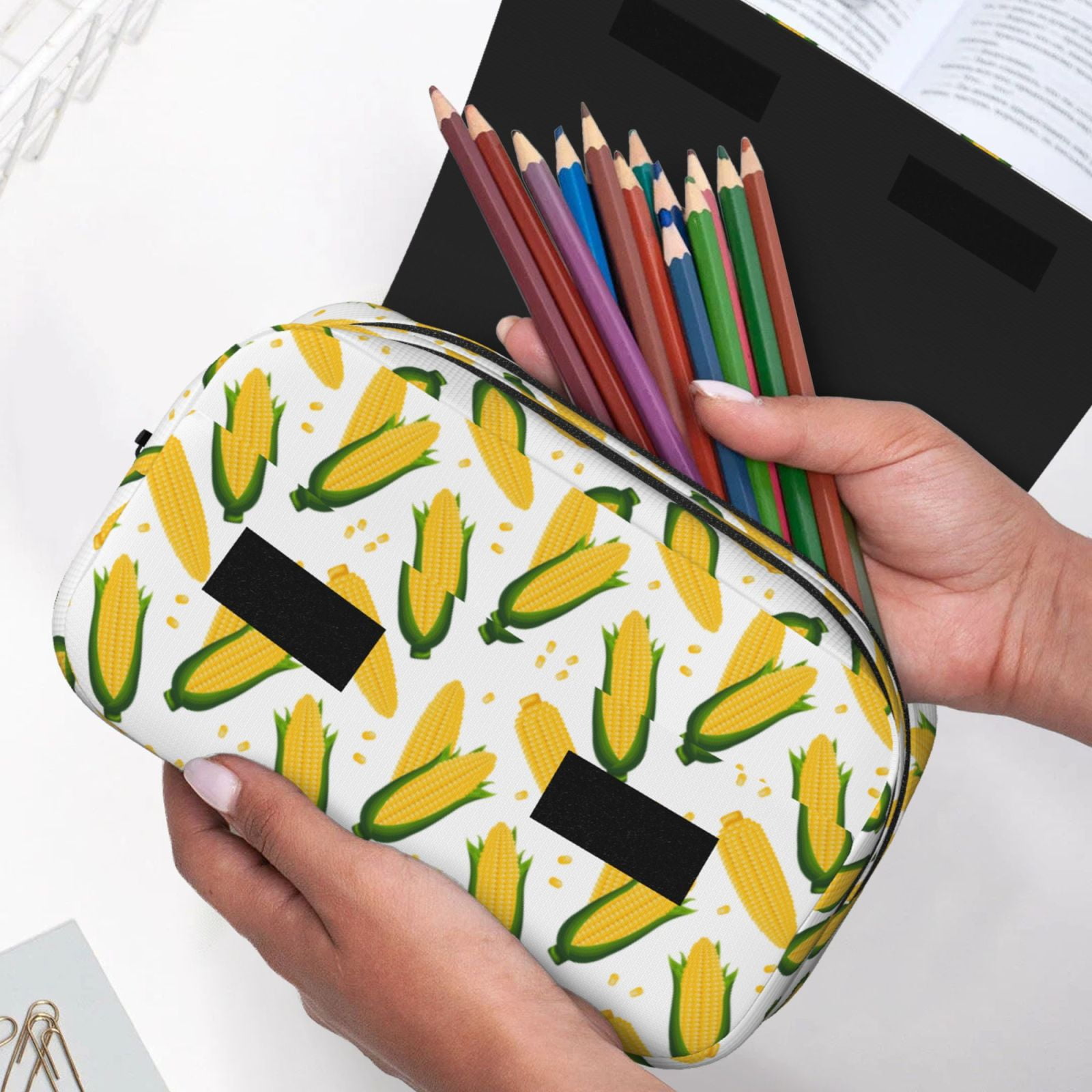 Rateoe Corn On The Cob Pattern Double Clamshell Pen Case, Storage Organizer with Two Zipper Compartments– Holds Up to 50 Pencils & Pens