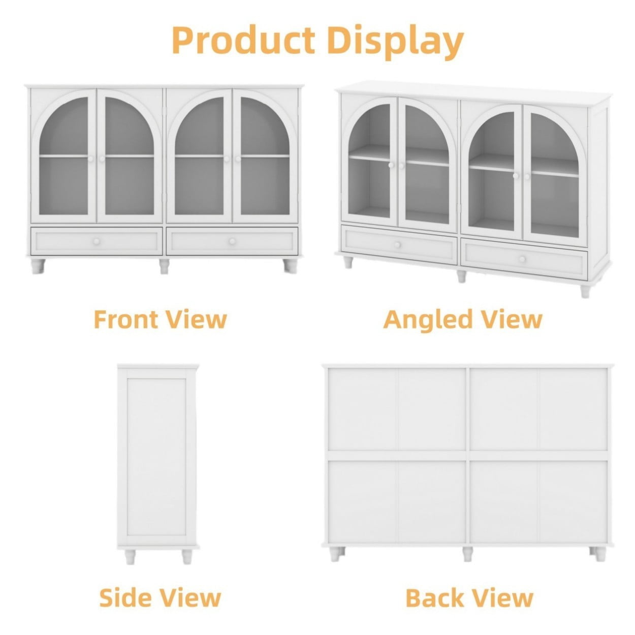 White Arched Glass Sideboard Cabinet, Buffet Storage Cabinet with 4 Glass Doors & 2 Drawers, Adjustable Shelf Credenza for Kitchen Dining Room Living Room